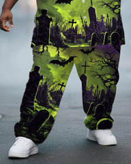 Big & Tall Men's Halloween Purple Green Graffiti Cross Print Short Sleeve Shirt Trousers Suit