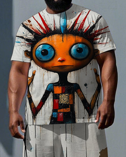 Big & Tall Men's Colorful Splicing Elf Print Summer Short-Sleeve T-shirt and Shorts Set