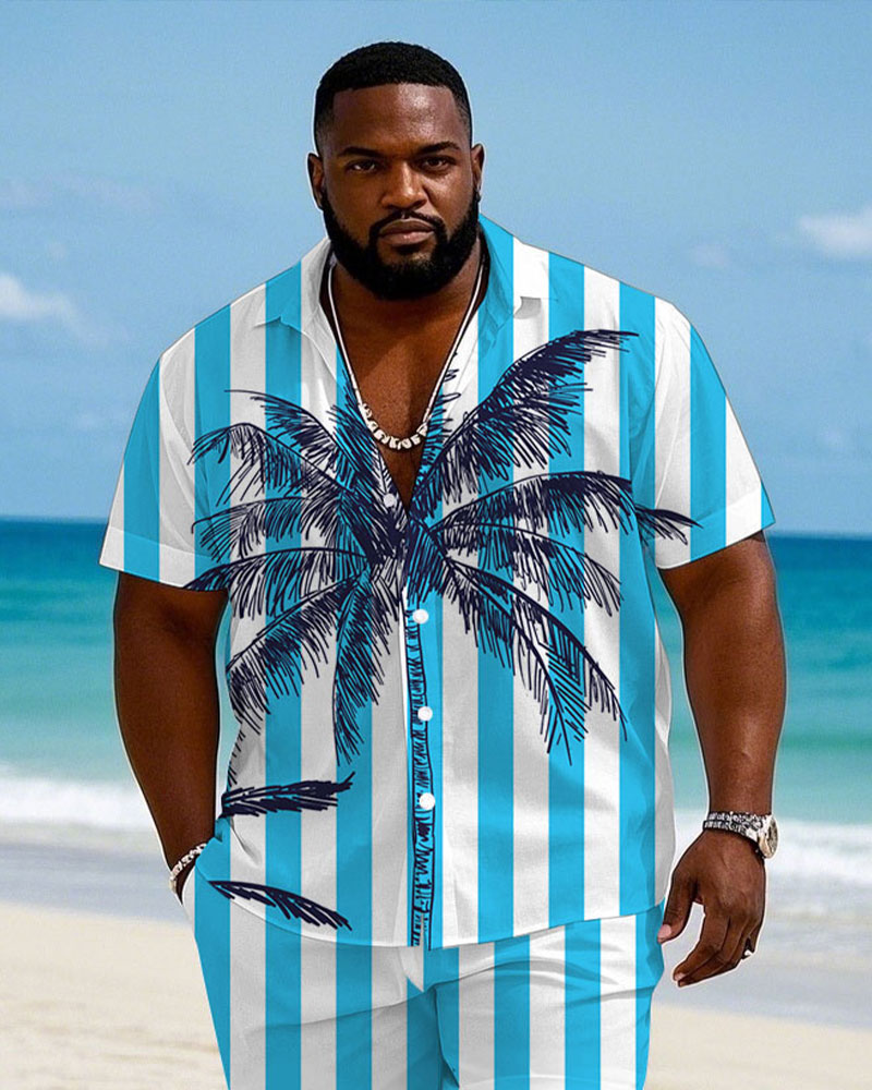 Men's Plus Size Hawaiian Royal Blue White Striped Large Coconut Tree Short Sleeve Shirt Shorts Suit