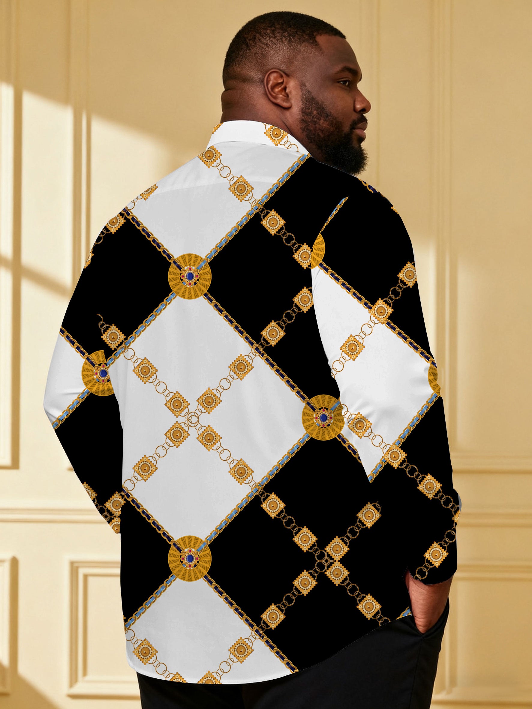Large Size Men's Baroque Black & White Large Check Palace Style Business Casual Shirt