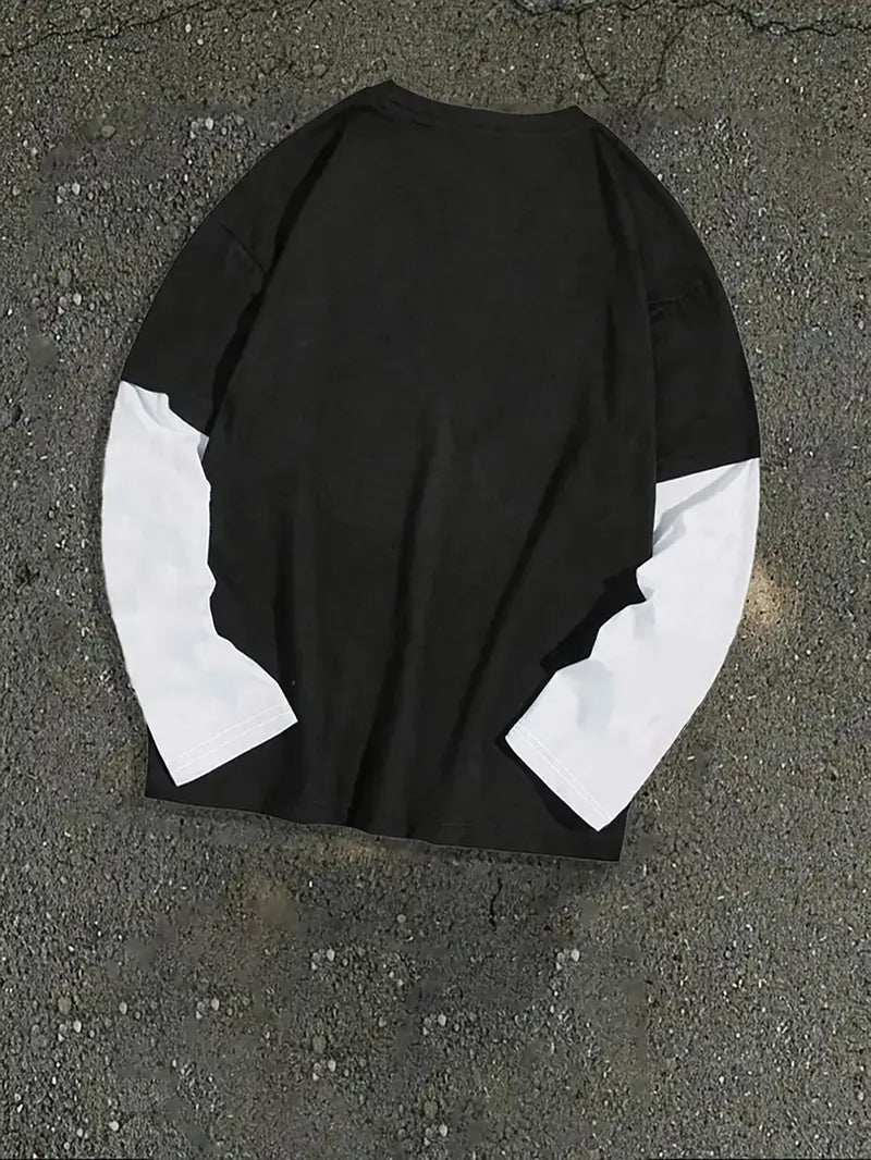 Big & Tall Men's "No Fear" Trend Graffiti Printed Fake Two Long Sleeve T-Shirts