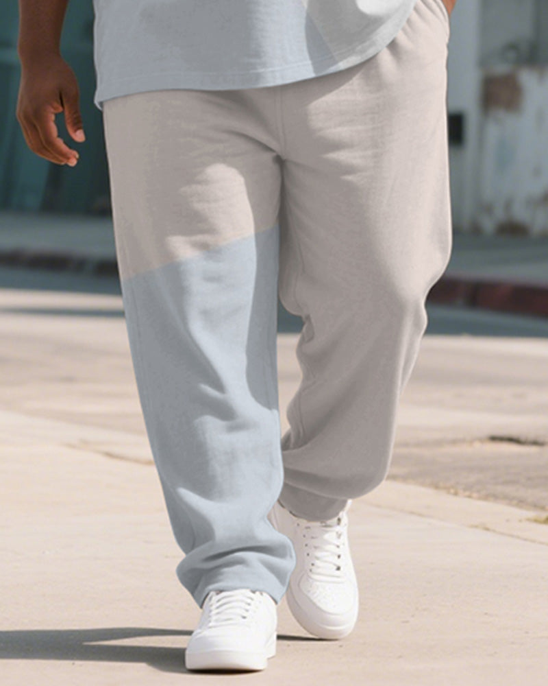 Men's Plus Size Blue Apricot Colorblock Printed Henley Collar T-Shirt Trousers Suit