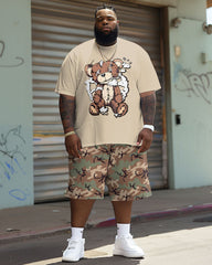 Big Guys Street Casual Camouflage Bear Print T-Shirt Shorts Set