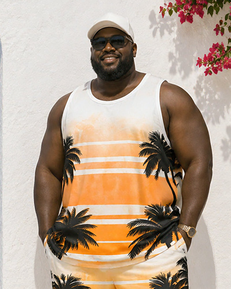 Big & Tall Men's Orange And White Gradient Striped Coconut Tree Print Vest Shorts Set