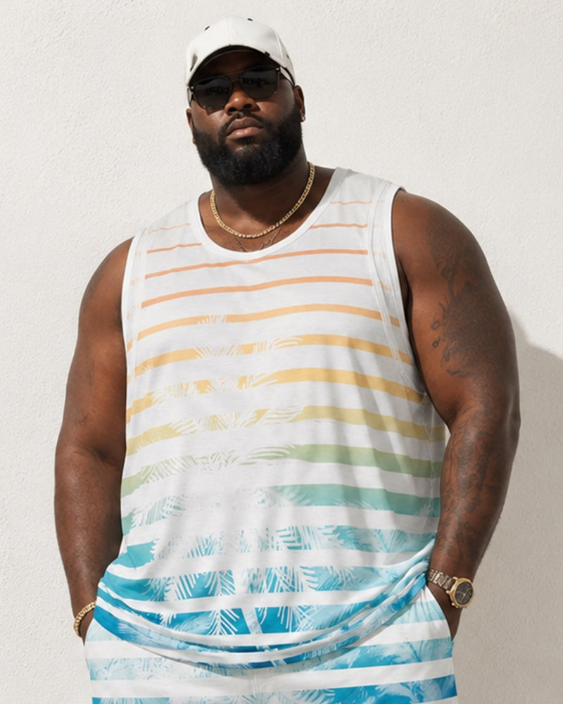 Big & Tall Men's Gradient Rainbow Stripe Coconut Print Tank Shorts Set