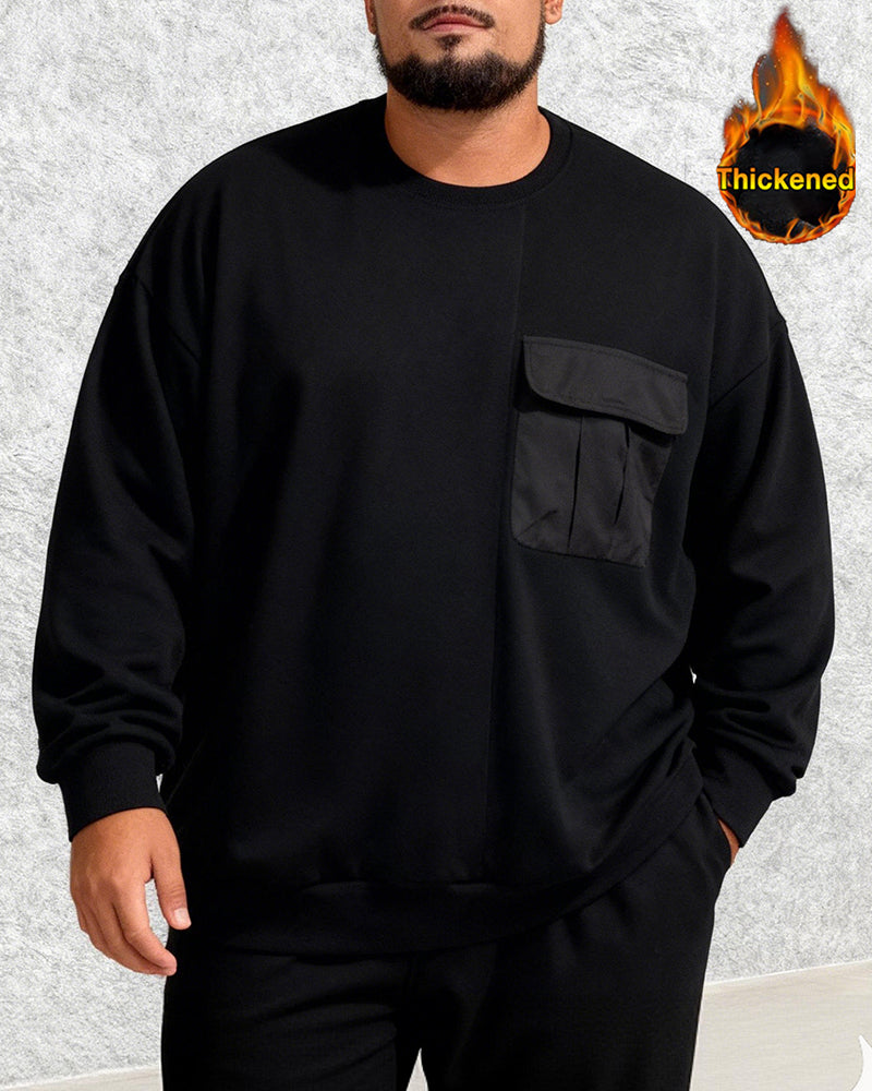 Big & Tall Men's Splicing Pocket Crewneck Plus Velvet Crewneck Sweatshirt 2XL-8XL