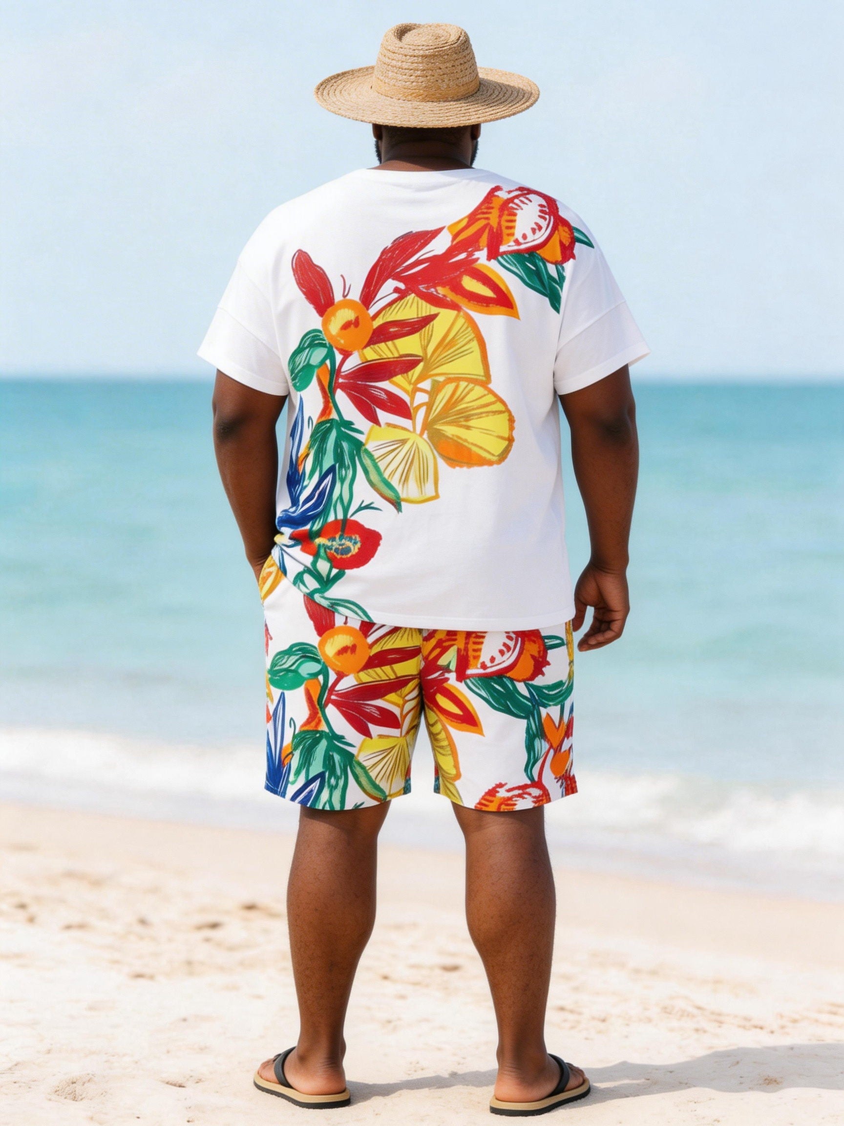 Big & Tall Men' Tropical Floral Print Round Neck Short Sleeve T-Shirt Shorts Set