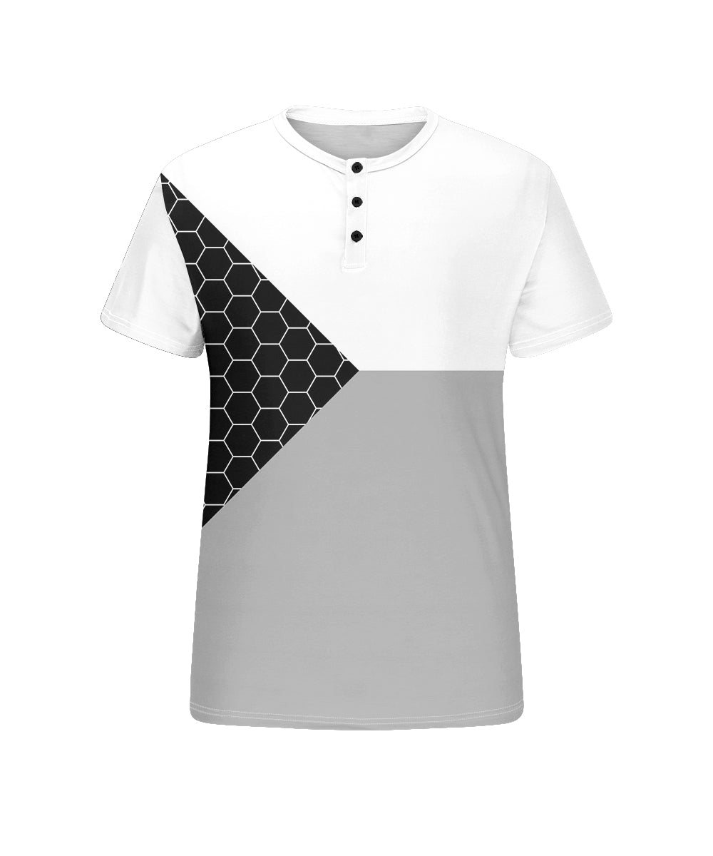 Men's Plus Size Daily Casual Black And White Grey Patchwork Geometric Print Henry Collar Button Short Sleeve T-Shirt