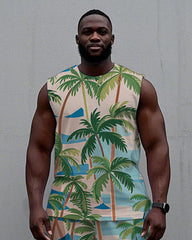 Men's Big Size Natural Coconut Trees Sailboat Printed Hawaiian Vest and Shorts Set