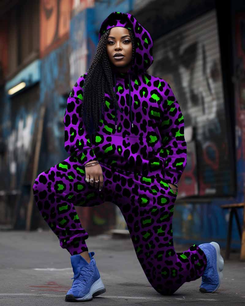 Women's Plus Size Purple Color Block Leopard Print Hoodie Set