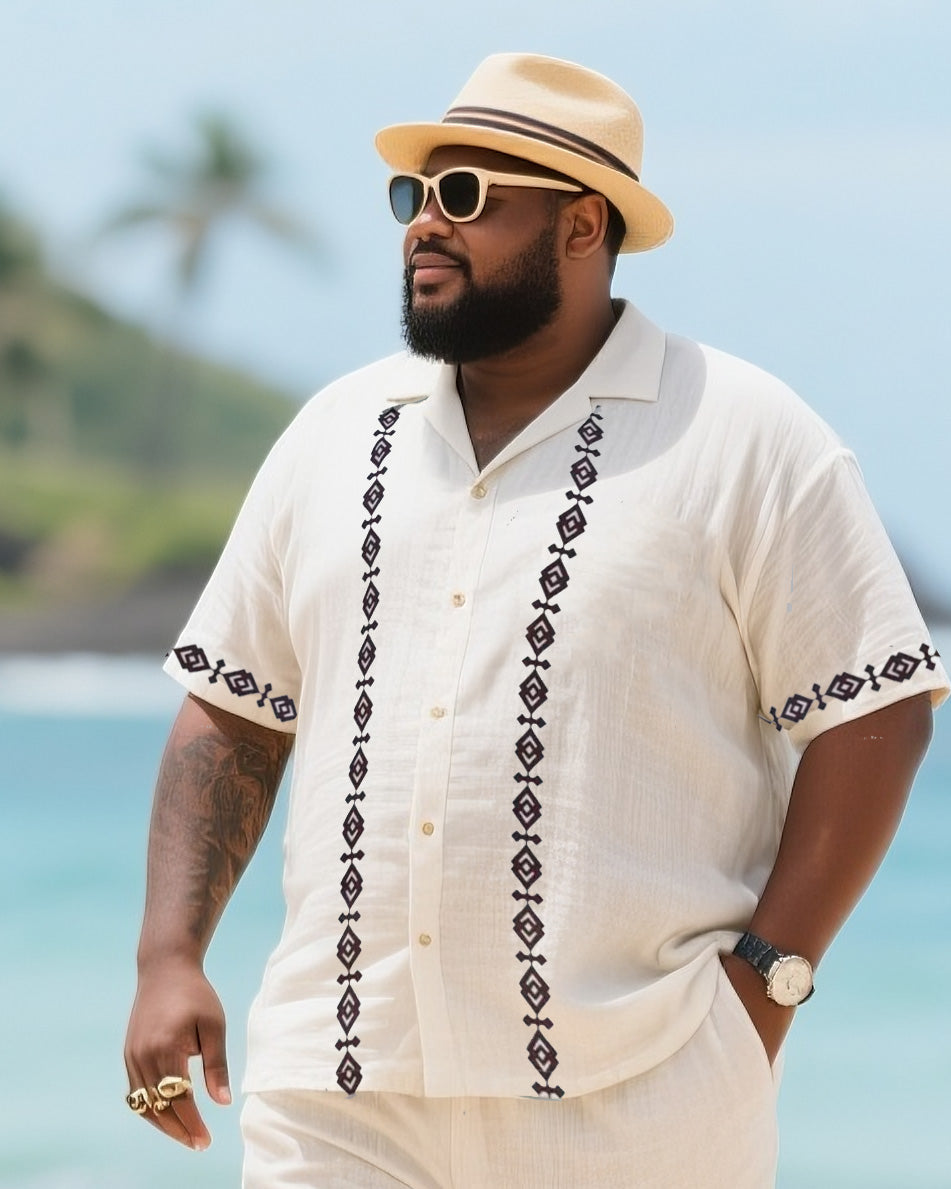 Big Men's Vacation Casual Bohemian Style Double Striped Edge Textured Short Sleeve Shirt Shorts Suit