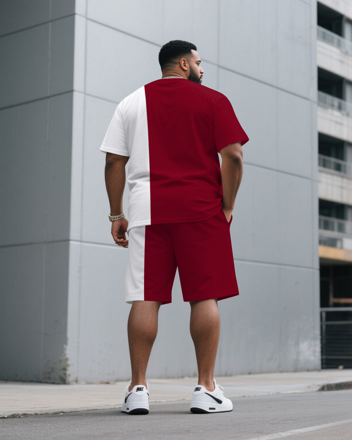 Men's Plus Size Fashion Casual Red & White Stitching Crewneck Short-sleeved T-shirt Half-length Pants Suit