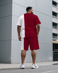 Men's Plus Size Fashion Casual Red & White Stitching Crewneck Short-sleeved T-shirt Half-length Pants Suit