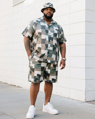 Big Man's Daily Leisure Outdoor Activities Design Creative Checkered Camouflage Short Sleeve Shirt Shorts Suit