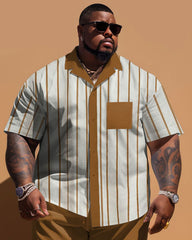 Men's Plus Size Simple Stripe Print Pocket Short Sleeve Shirt Shorts Suit