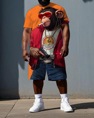 Big & Tall Men's Hip Hop Gorillas with Gun Printed Summer Short Sleeve T-shirt and Short Set