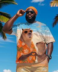 Men's Plus Size Hawaiian Orange Capybara Love Print Short Sleeve T-Shirt Shorts Suit