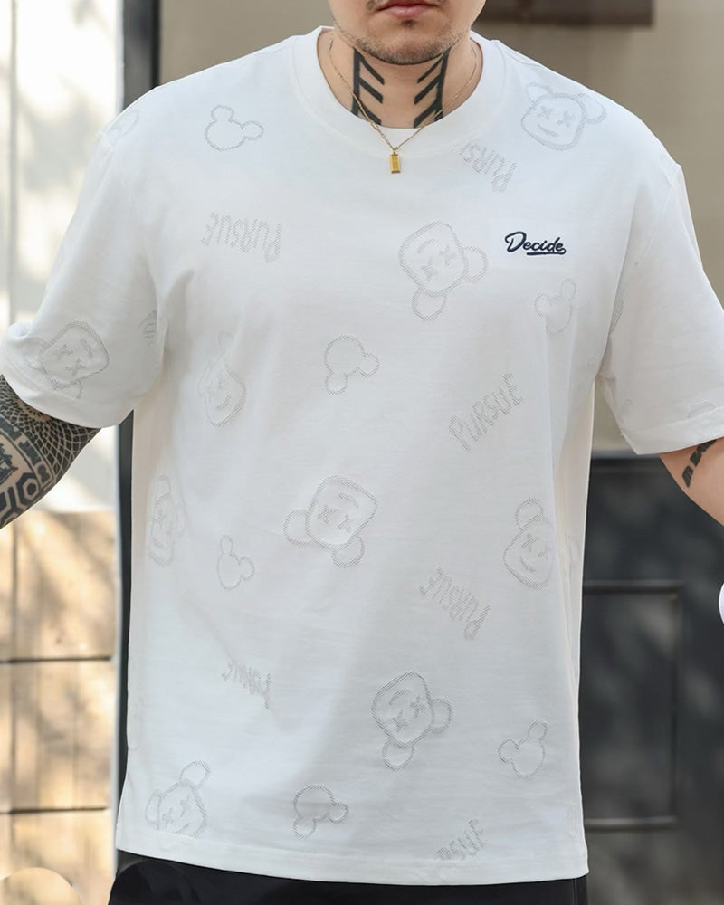 4XL-8XL Big & Tall Men's Daily Casual Jacquard Bear Letter Cotton Crewneck Short-sleeved T-shirt