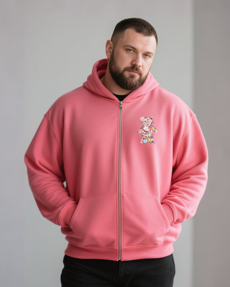 Big & Tall Men's Pink Floral Bear Print Cardigan Hoodie