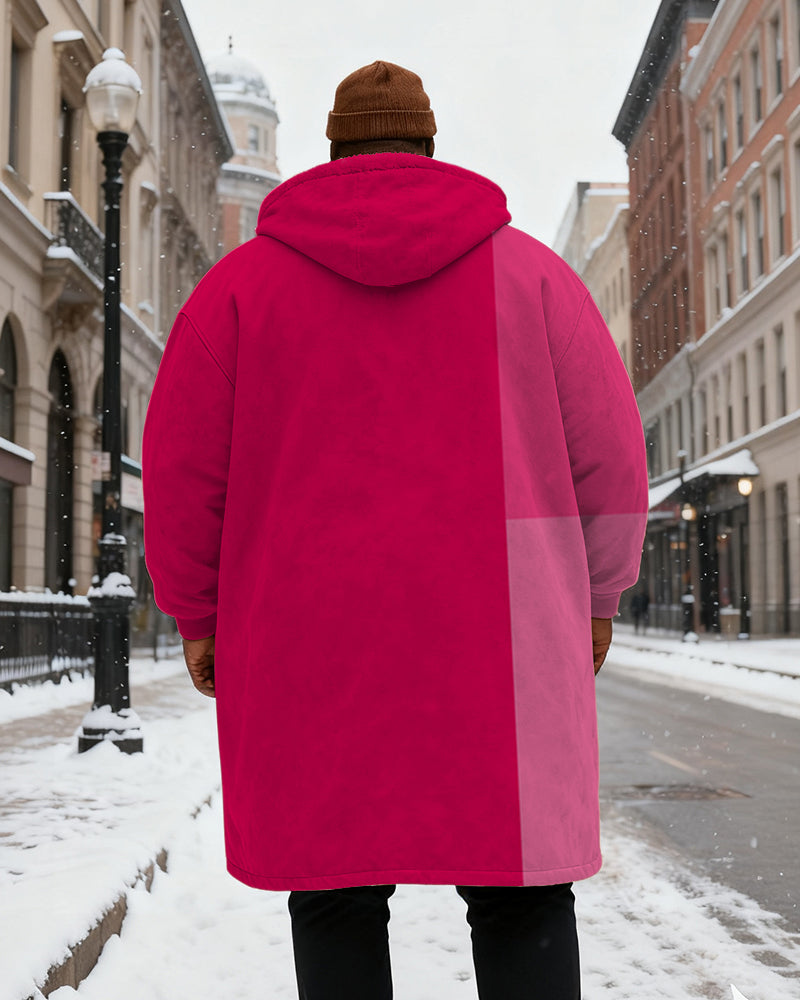 Big & Tall Men's Pink Gradient Printed Velvet Thickened Long Hooded Coat