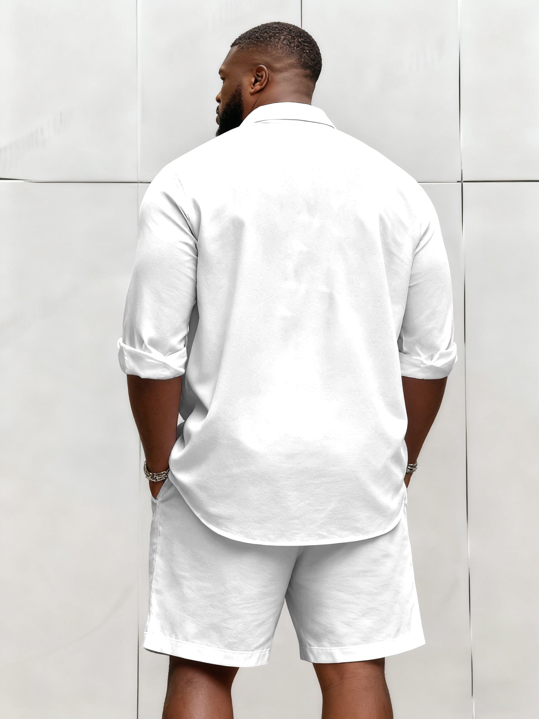 Big & Tall Men's Business Solid Color Long Sleeve Shirt Shorts Set