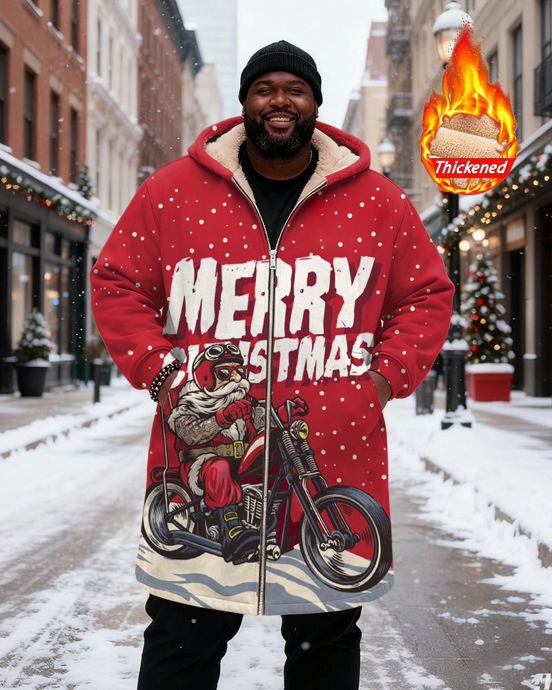 Big & Tall Men's Red MERRY CHRISTMAS Santa Riding Motorcycle Printed Velvet Thickened Long Hooded Coat