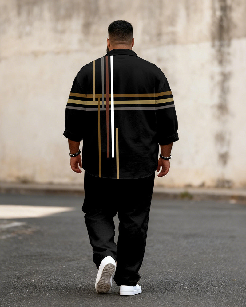 Big & Tall Men's Business Colorblock Striped Print Long Sleeve Shirt Pants Set