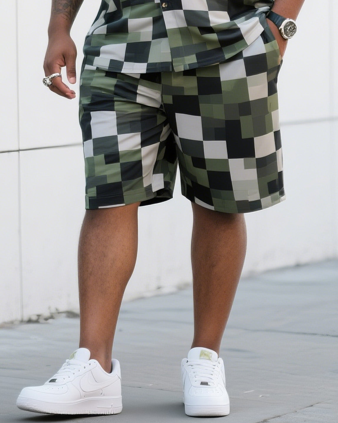 Big Man's Daily Leisure Outdoor Activities High Creative Checkered Camouflage Short Sleeve Shirt Shorts Suit