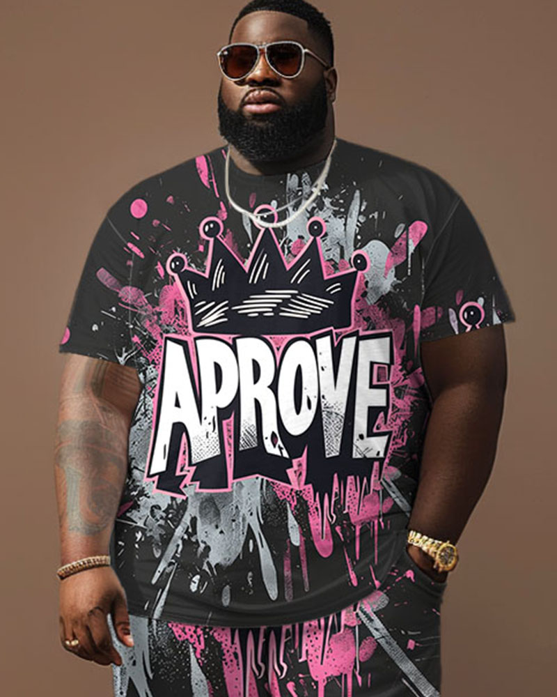 Men's Big & Tall Street Fashion Graffiti Crown Letter Print T-Shirt Shorts Set