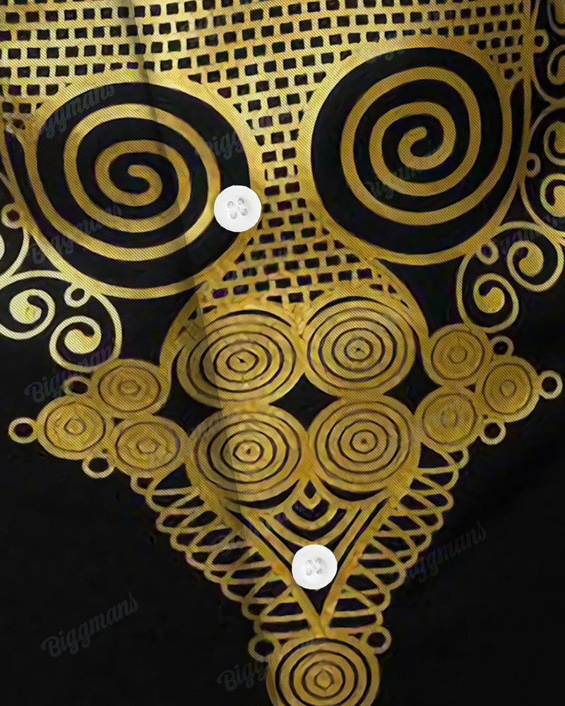 Men's Big and Tall Ethnic Style Black Gold Totem Lapel Long Sleeve Shirt