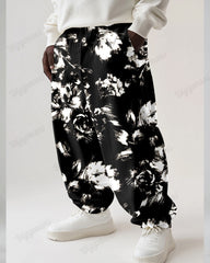 Art Brush Hand-painted Flower Guy's Loose Big & Tall Straight Long Sweatpants