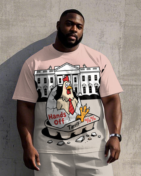 Big Men's Caricature Rooster Hands Off Letter Printed Casual Short Sleeve T-Shirt Shorts Set
