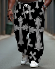 Men's Casual Simple Cross Printed Big and Tall Pants with Pockets & Drawstring