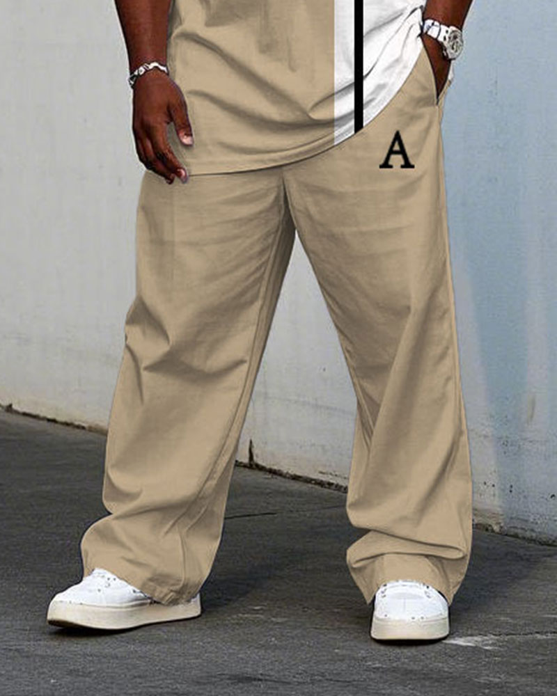 Men's Plus Size Khaki & White Slim Colorblock Small Label Printed Short Sleeve T-shirt Trousers Suit