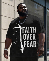 Men's Round Neck Retro FAITH OVER FEAR Printed Big & Tall Short Sleeve T-shirt Pants Set
