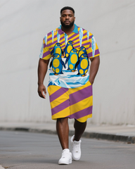 Big Men's Stripe Style Penguin Cartoon Printed Casual Short-Sleeve Polo Shirt & Shorts Set
