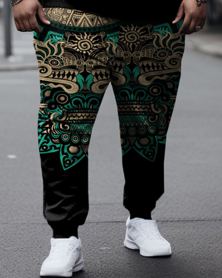 Men's Large Size Retro Green Dragon Totem Print Long Sleeve Hoodie and Sweatpants Set