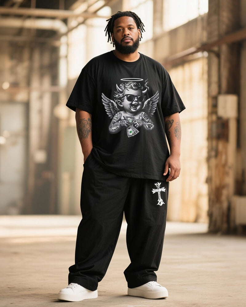 Big & Tall Men's Graffiti Sunglasses Angel Cross Printed T-Shirt Pants Suit
