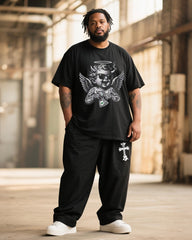 Big & Tall Men's Graffiti Sunglasses Angel Cross Printed T-Shirt Pants Suit