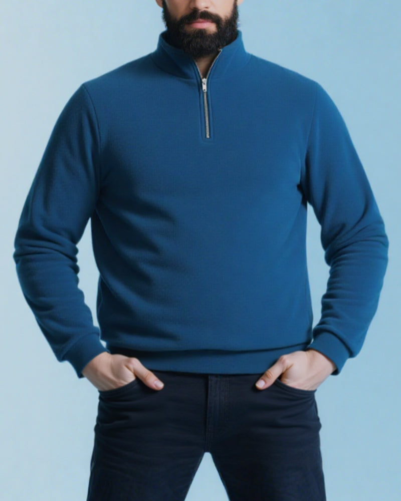 Big & Tall Men's Blue-Fall/Winter Solid Color Polar Fleece Fabric Metal Zipper Collar POLO Long Sleeve