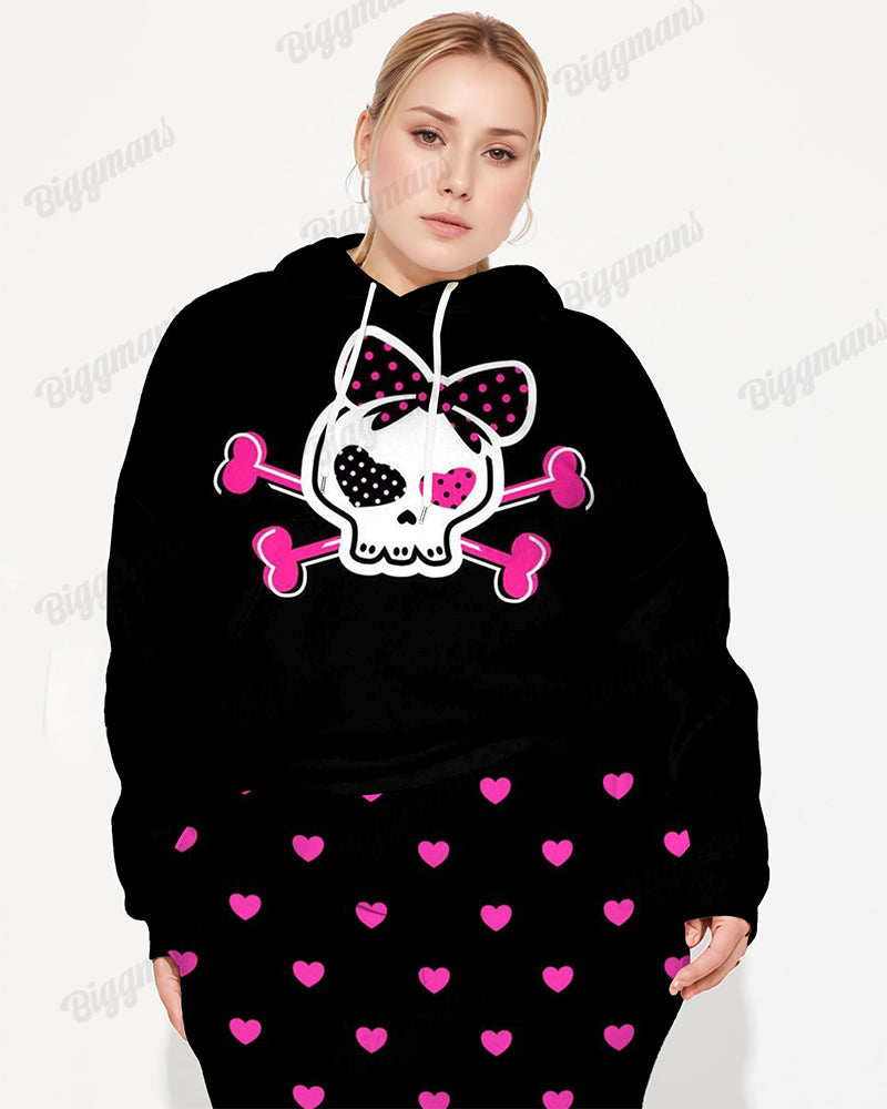 Women's Street Fashion Bowknot Skull Heart Print Plus Size Hoodie Suit