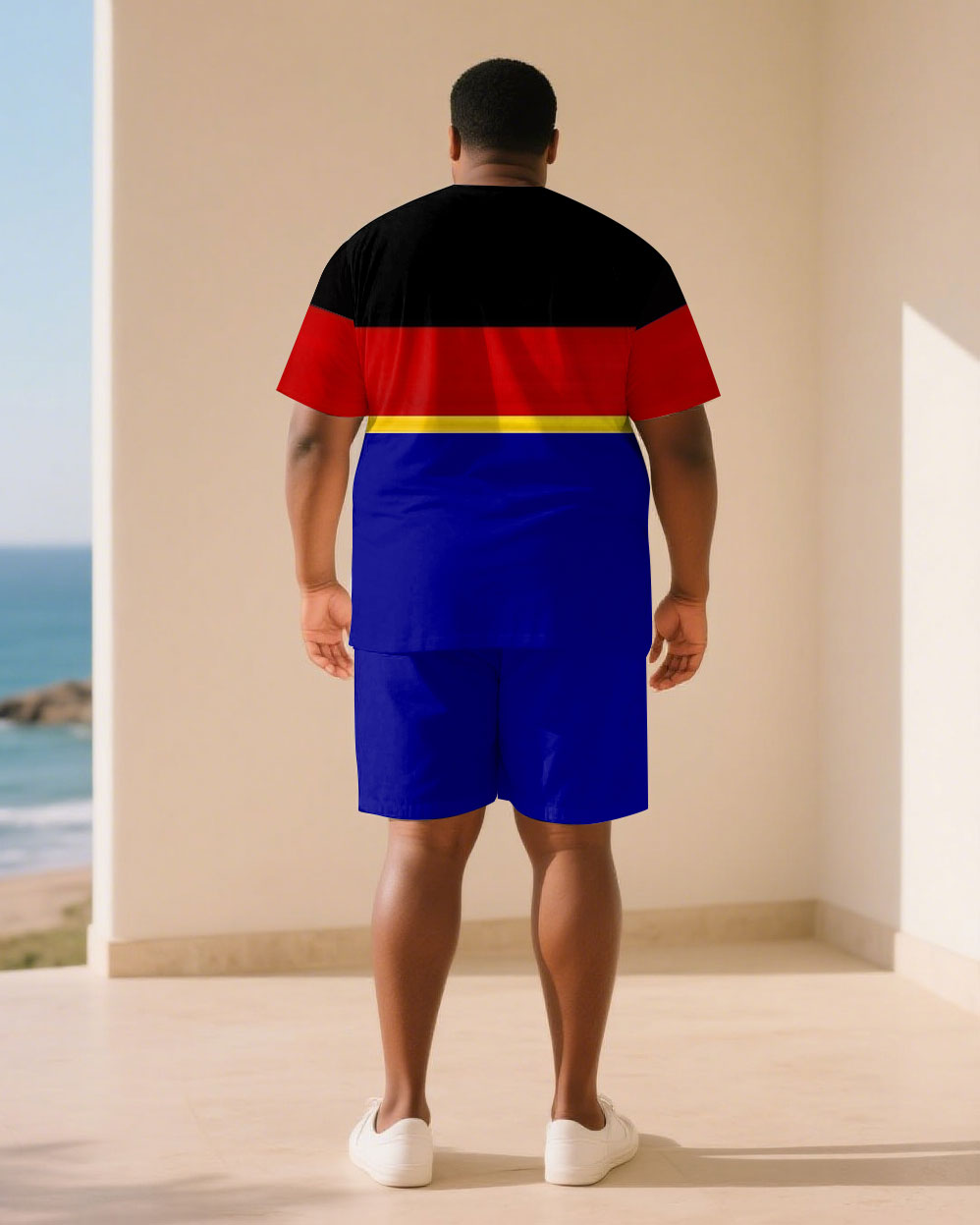 Big & Tall Men Black & Red & Blue Color Matching Chest Small Logo Printed Crew Neck Short Sleeve T-shirt Shorts Suit