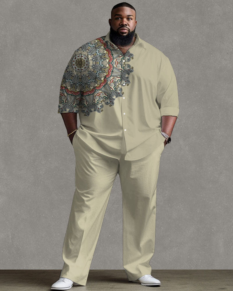 Big Guy’s Daily Casual Simple Shoulder Vintage Print Long Sleeve Shirt Trousers Set