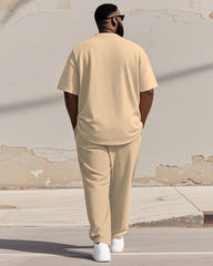 Men's Plus Size Khaki Color-block Line Print Henry Collar T-shirt Trousers Suit