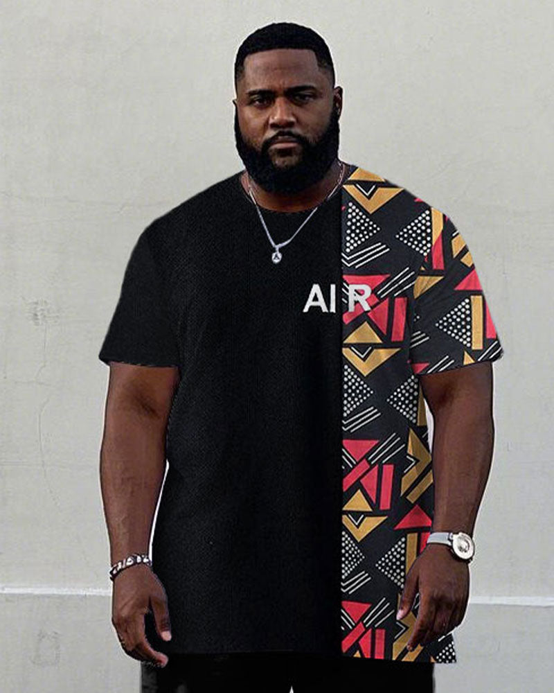 Men's Plus Size Black Ethnic Pattern Stitching Printed Short Sleeve T-shirt Trousers Suit