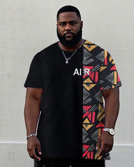Men's Plus Size Black Ethnic Pattern Stitching Printed Short Sleeve T-shirt Trousers Suit