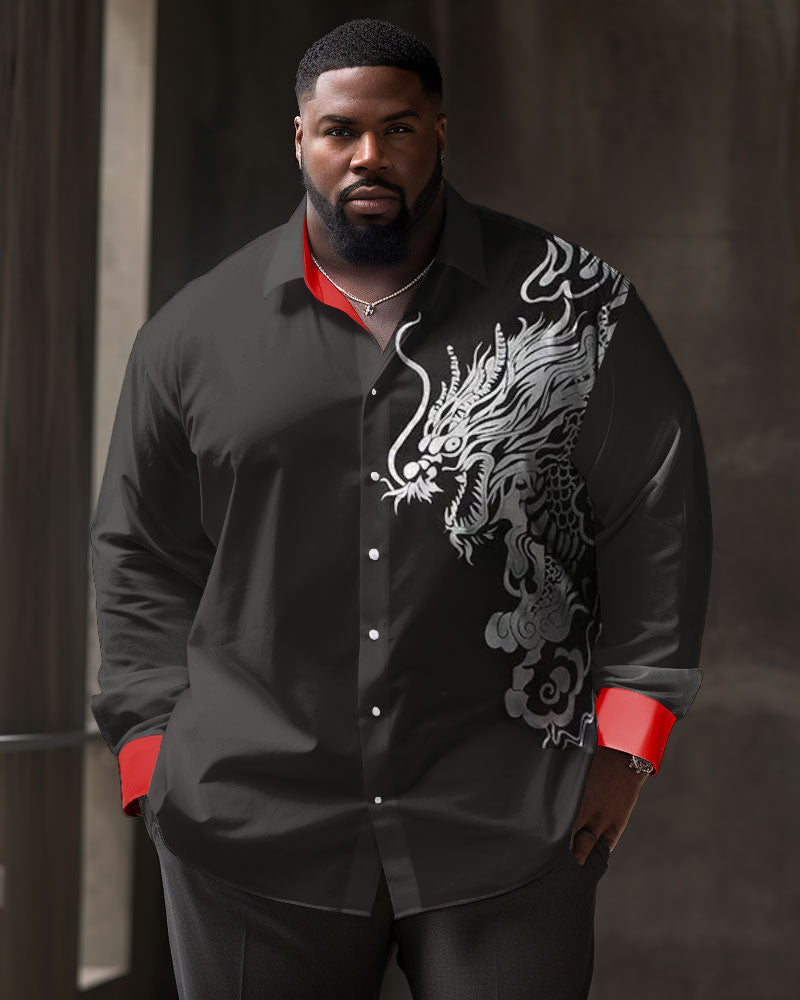 Big Guys Casual Striped Dragon-Pattern Lapel Long Sleeve Shirt