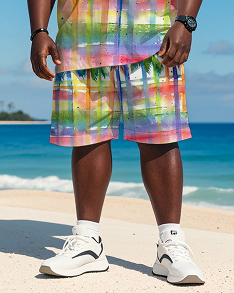 Big & Tall Men's Hawaiian Color Plaid Coconut Graffiti Print Round Neck Short Sleeve T-Shirt Shorts Suit