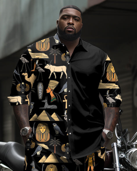Men's Plus Size Egyptian Fun Print Patchwork Print Long Sleeve Shirt Trousers Suit
