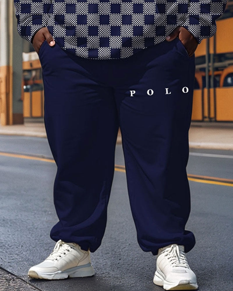 Men's Casual Blue Check Alphabet Print Plus Size Hoodie Suit